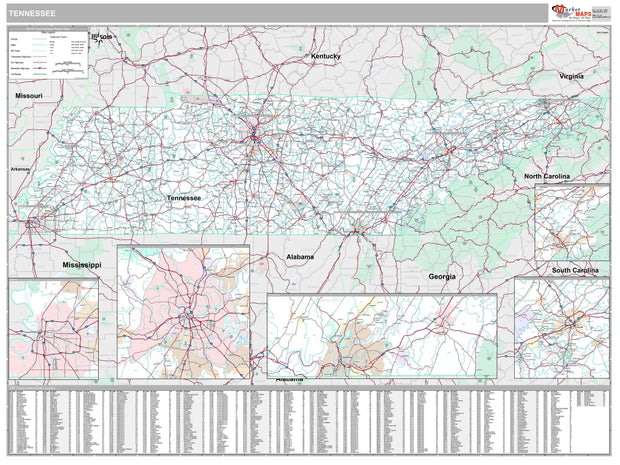 Premium Style Wall Map of Tennessee by Market Maps