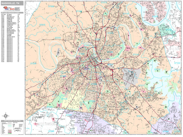 Premium Style Wall Map of Nashville, TN by Market Maps