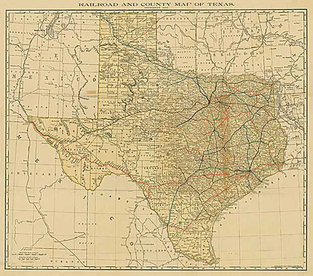 Railroad and County Map of Texas 1893