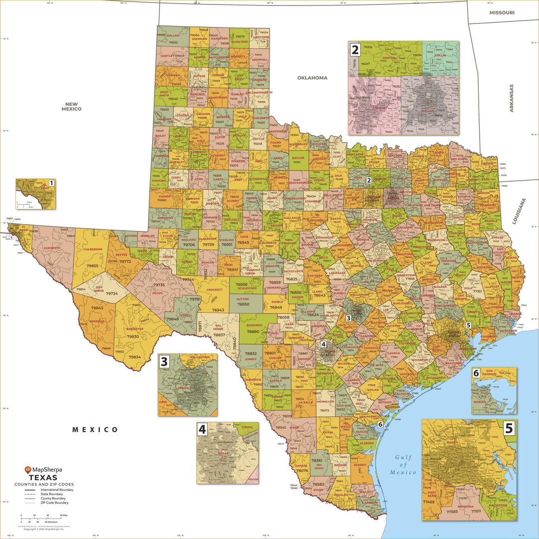 Texas Zip Code Map with Counties