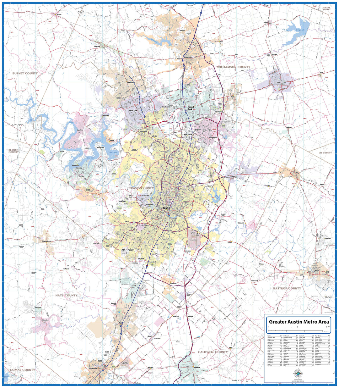 Greater Austin Metro Area Wall Map