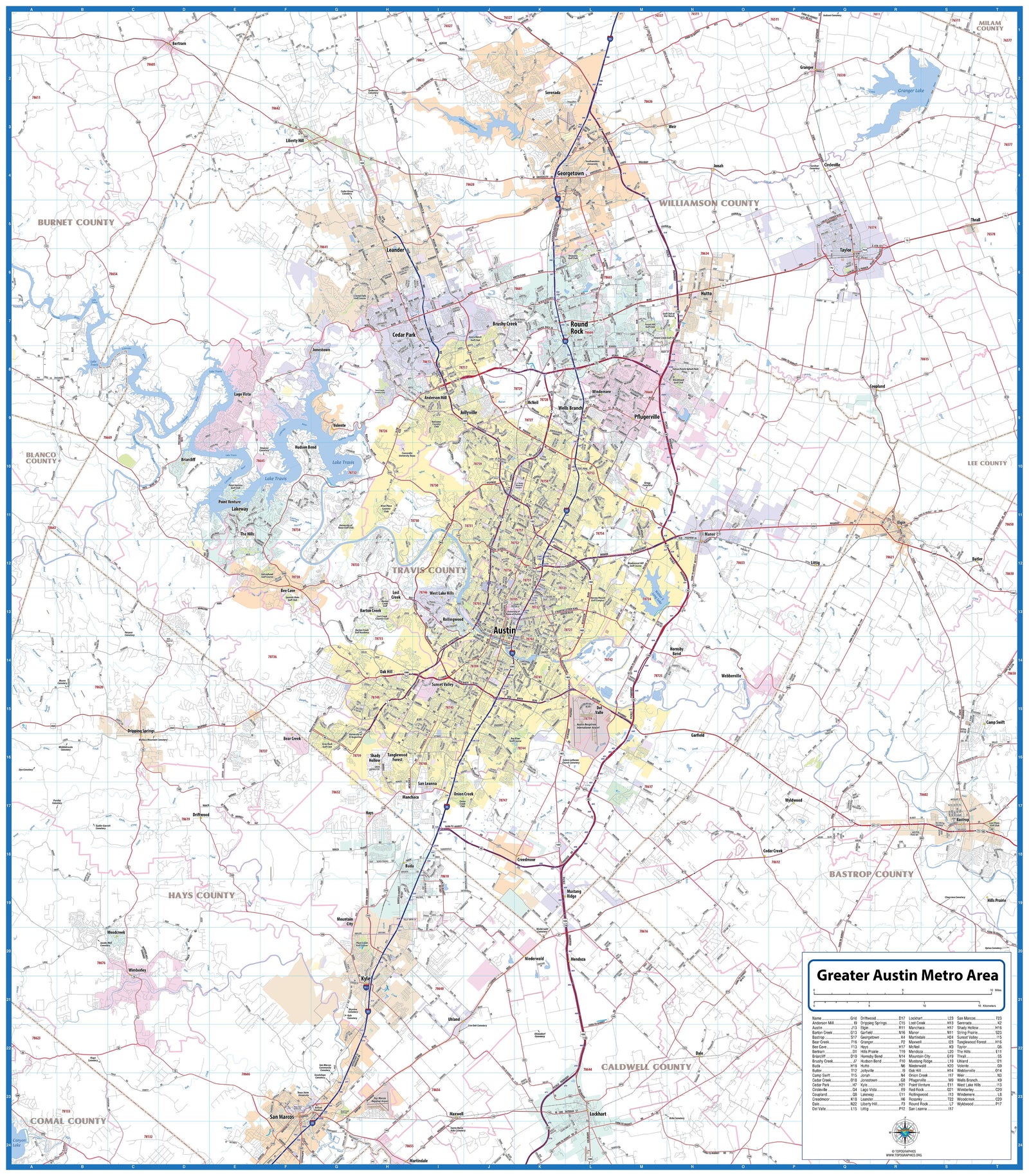 Greater Austin Metro Area Wall Map