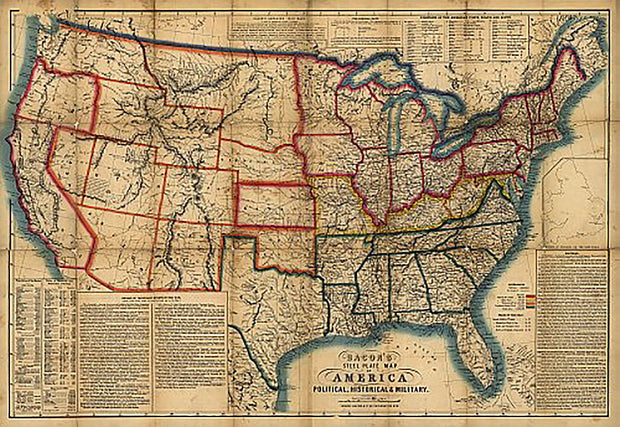 Bacon's steel plate map of America, political, historical & military, 1863