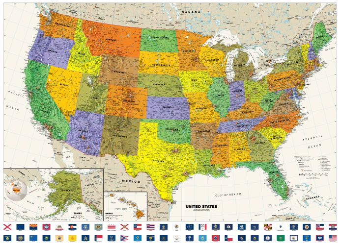 USA Contemporary Wall Map with Flags
