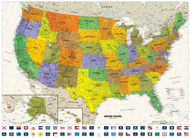 USA Contemporary Wall Map with Flags