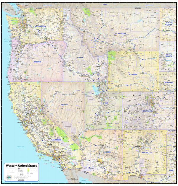 Western Map Layout Western US Wall Map with Shaded Relief – American Map Store