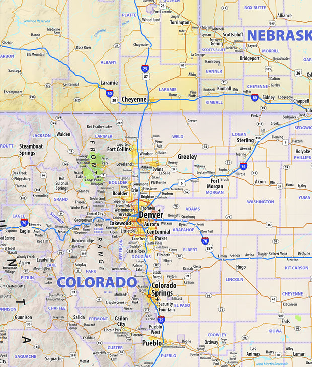 Western US Wall Map with Shaded Relief