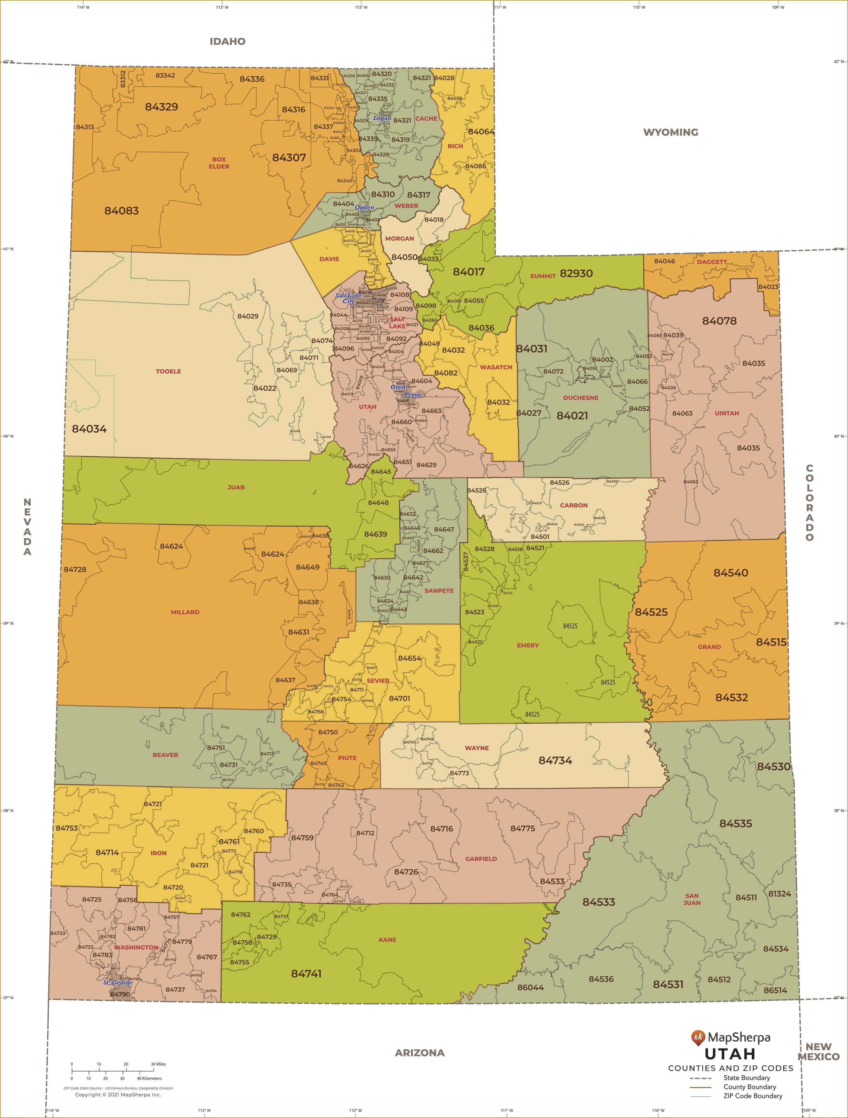 385 Zip Code Utah Zip Code Map with Counties – American Map Store
