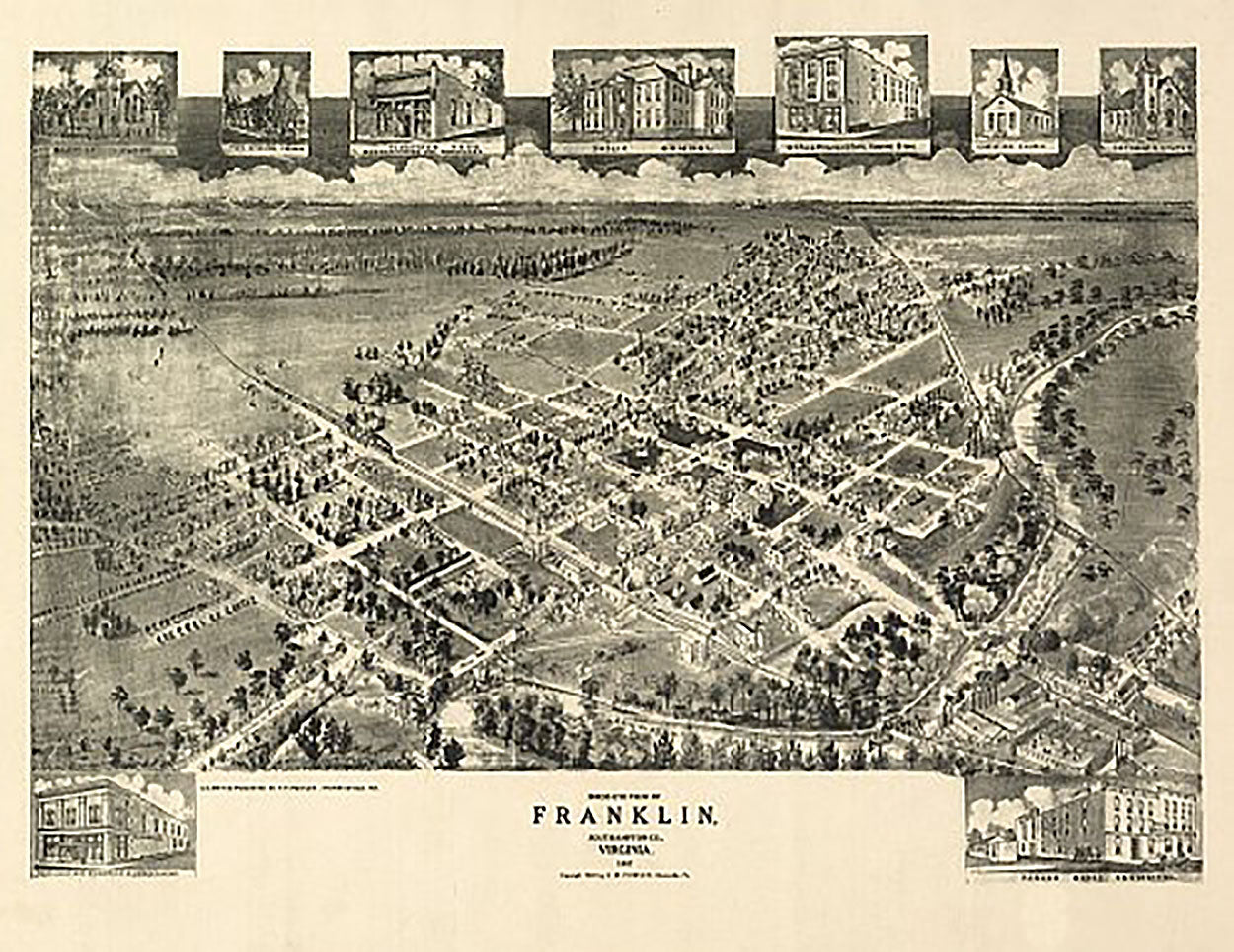 Birds eye view of Franklin, Virginia by T. M. Fowler, 1907