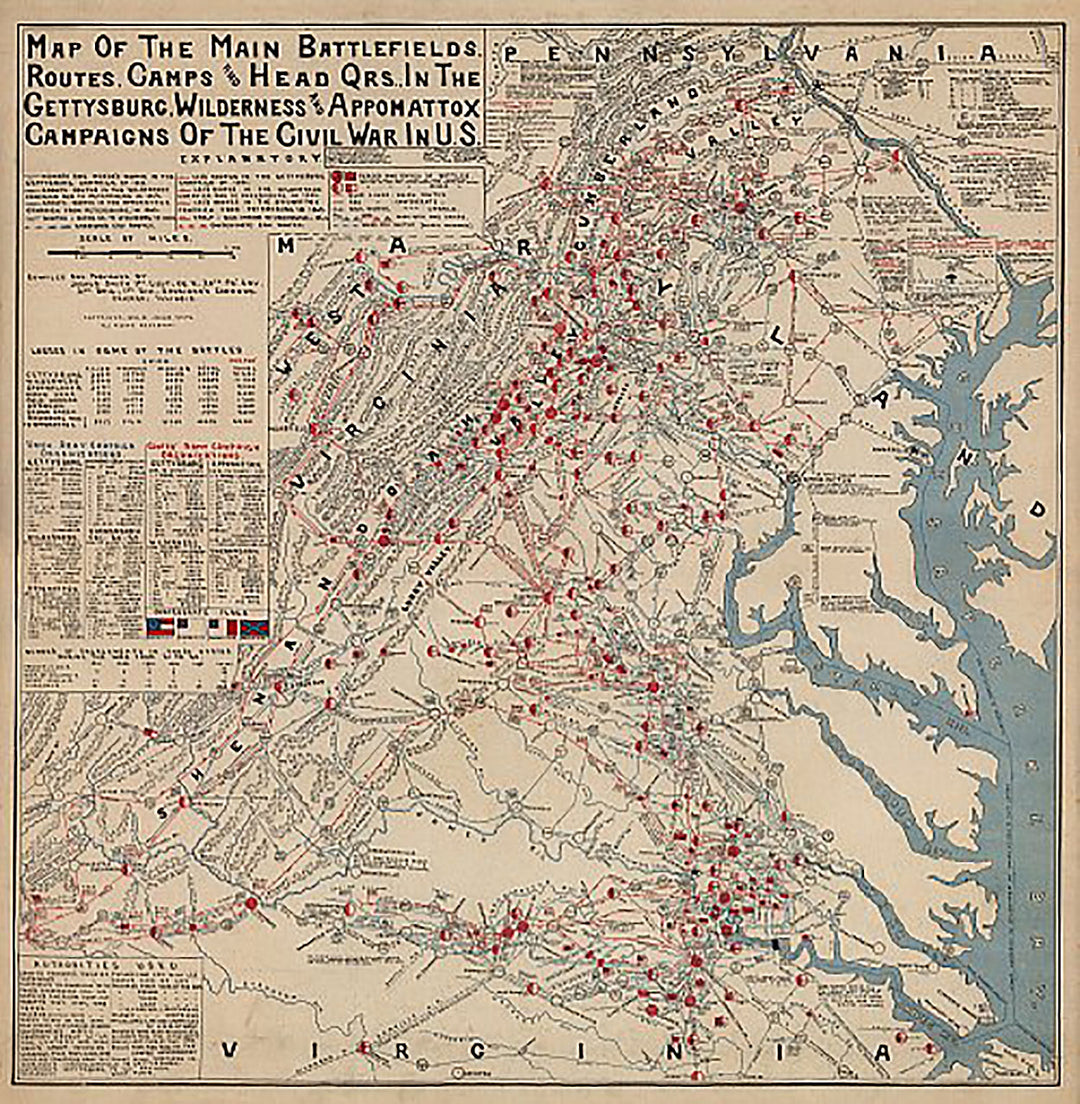 Map of the Main Battlefields, Routes, Camps and Head Qrs., in the Gettysburg, Wilderness and Appomattox campaigns