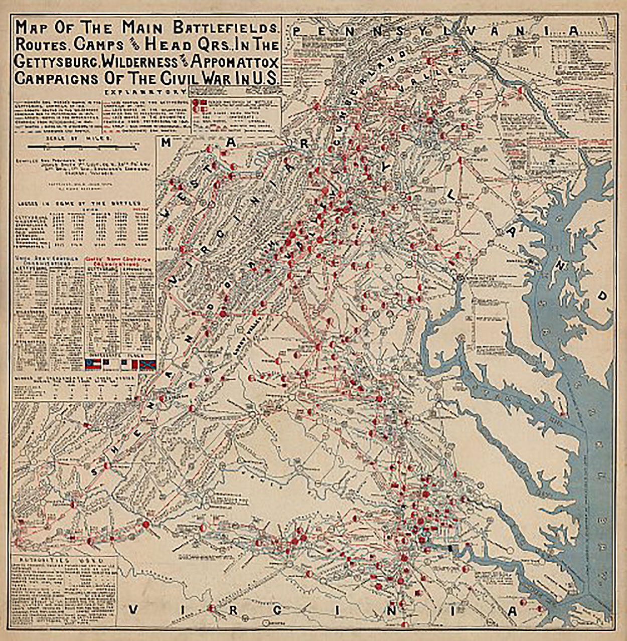 Map of the Main Battlefields, Routes, Camps and Head Qrs., in the Gettysburg, Wilderness and Appomattox campaigns