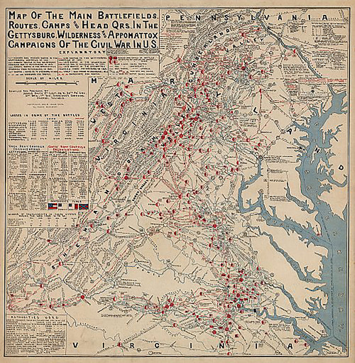Map of the Main Battlefields, Routes, Camps and Head Qrs., in the Gettysburg, Wilderness and Appomattox campaigns