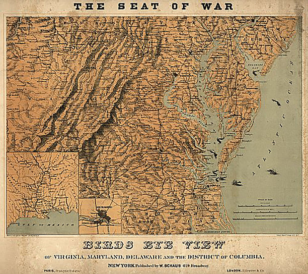 The Seat of War: Birds eye view of Virginia, Maryland, Delaware and the District of Columbia by J. Schedler