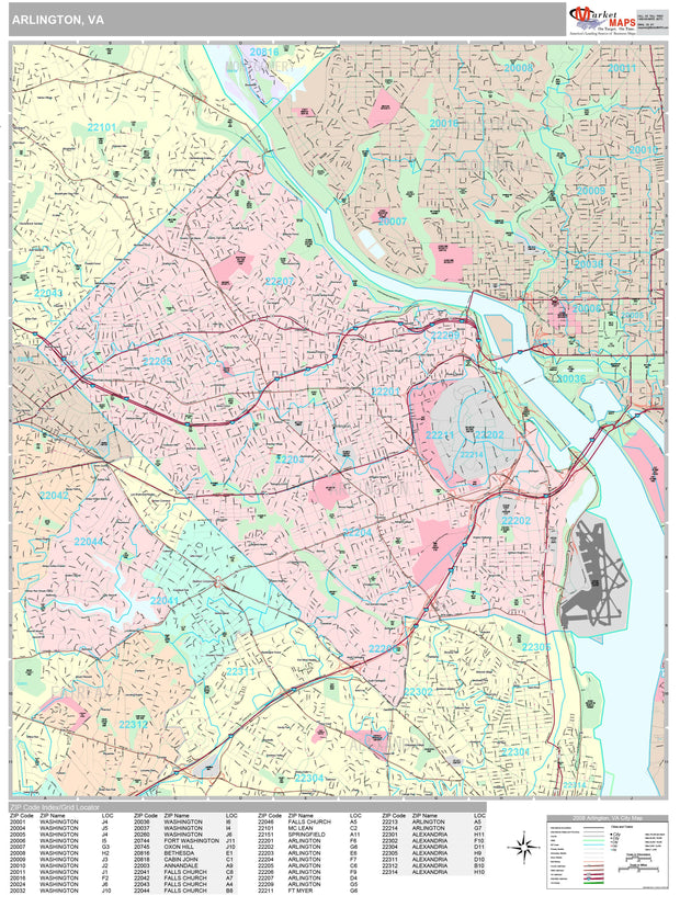 Premium Style Wall Map of Arlington, VA by Market Maps