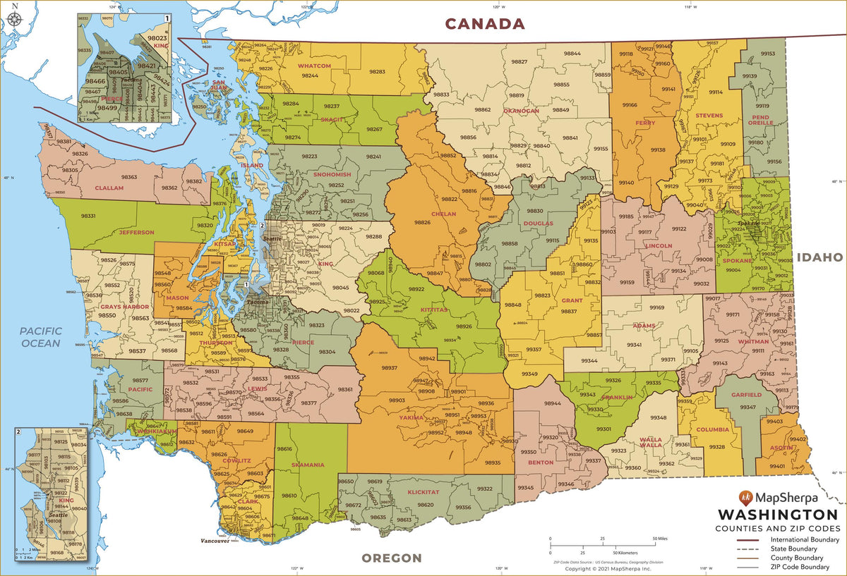 Washington Zip Code Map with Counties – American Map Store