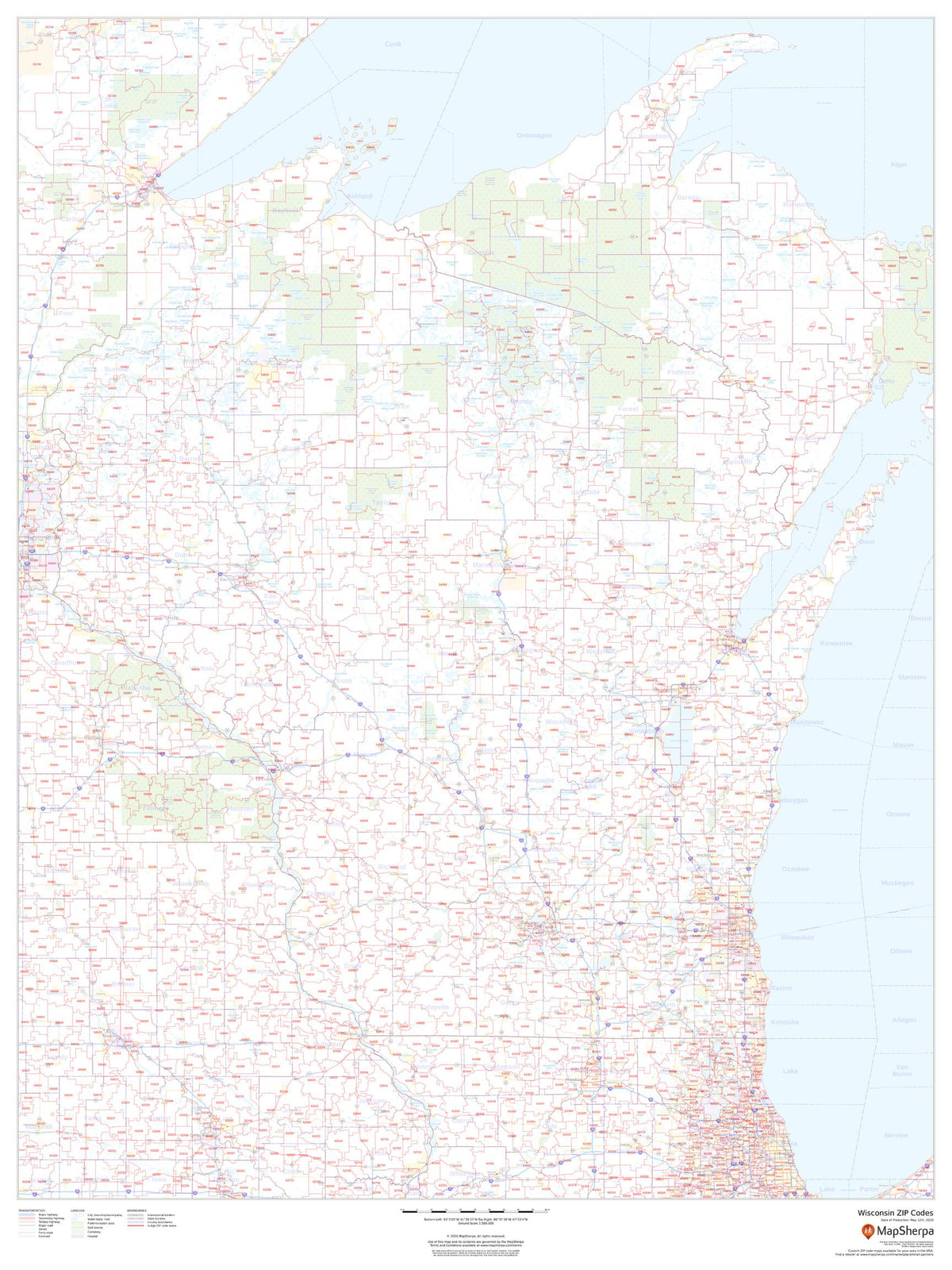 Wisconsin. Phone Code Wisconsin Zip Code Map – American Map Store