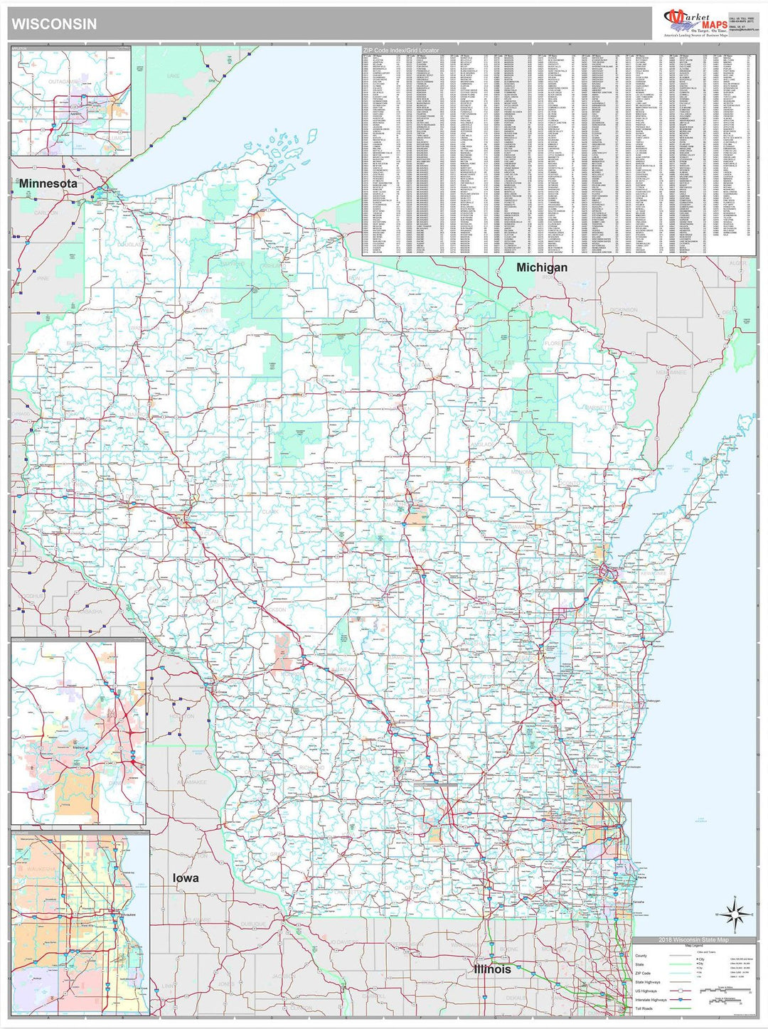 Premium Style Wall Map of Wisconsin
