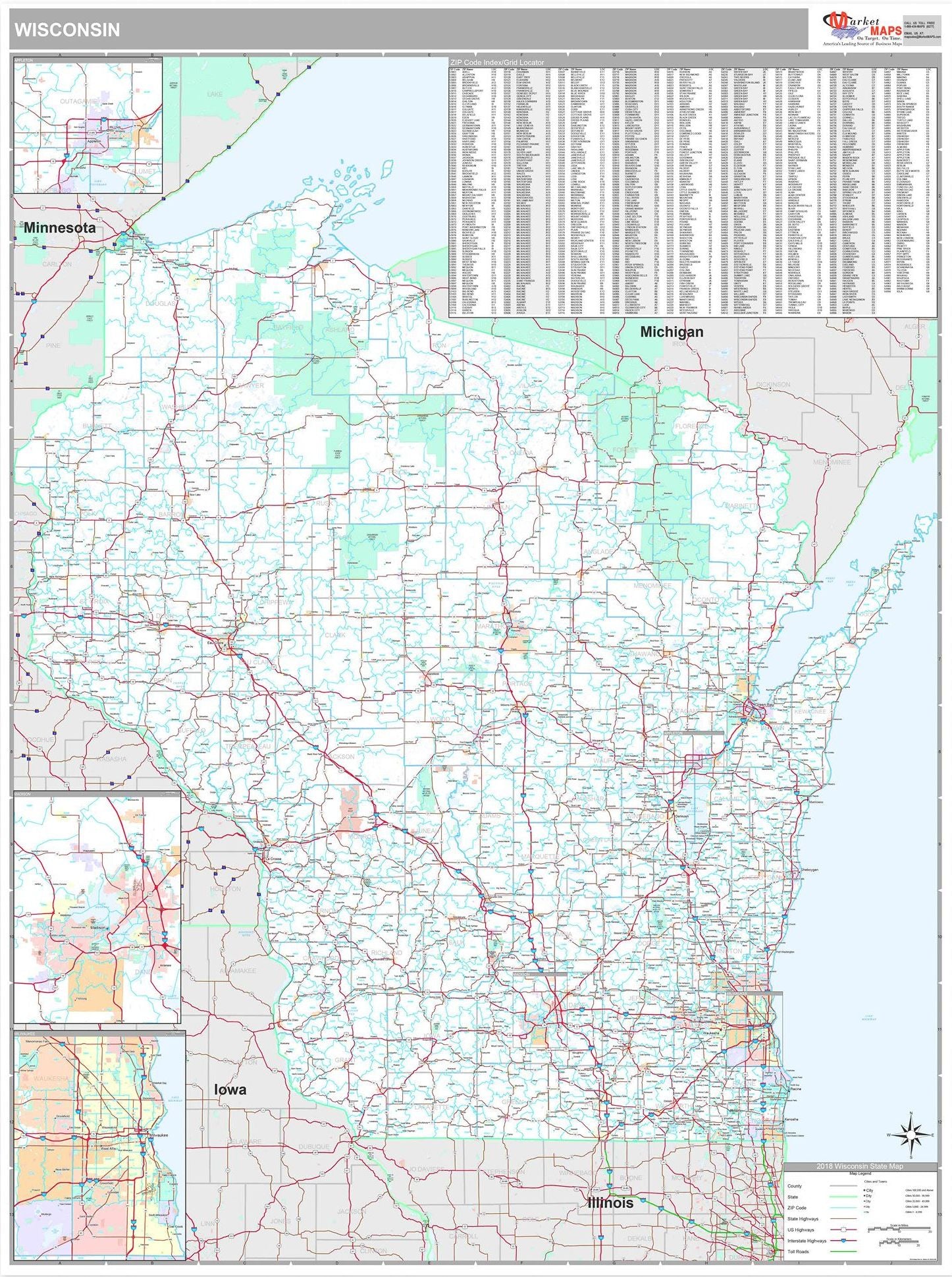 Premium Style Wall Map of Wisconsin