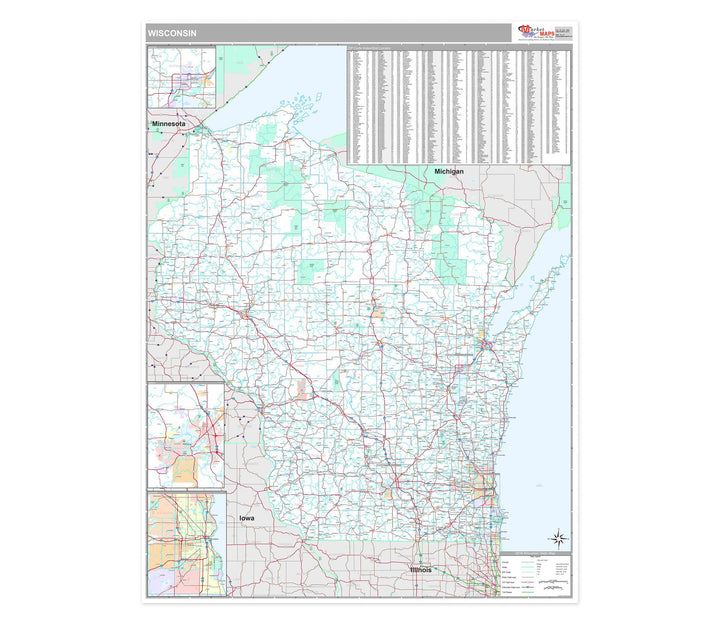 Premium Style Wall Map of Wisconsin