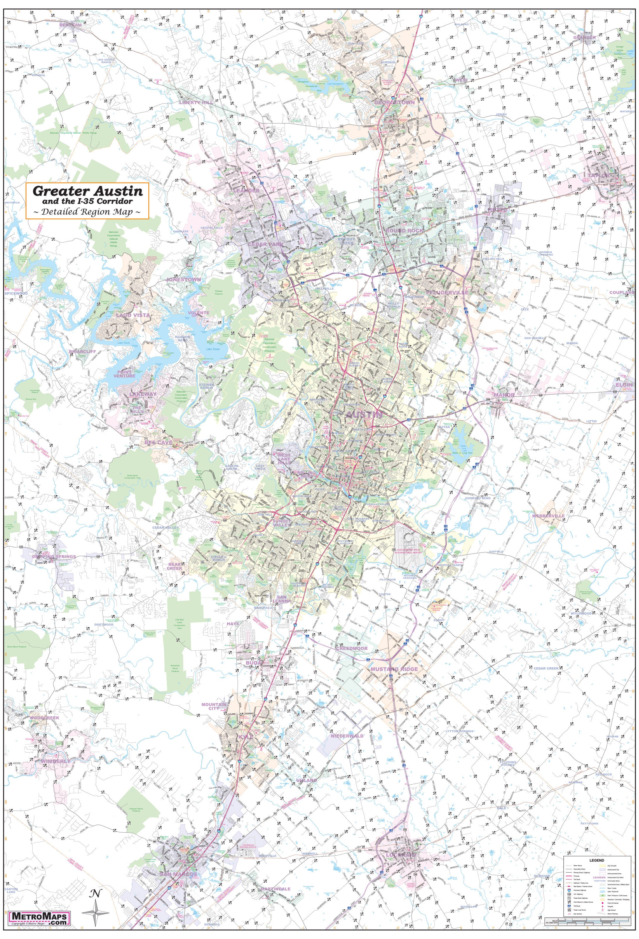 Austin Regional Area Major Arterial Wall Map – American Map Store